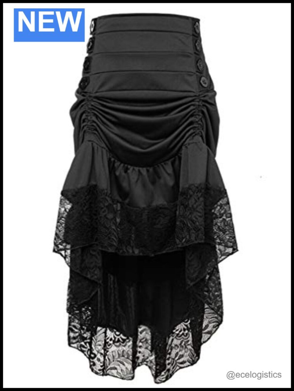 Steampunk Victorian Gothic Lace Trim High Low Skirt with Buttons